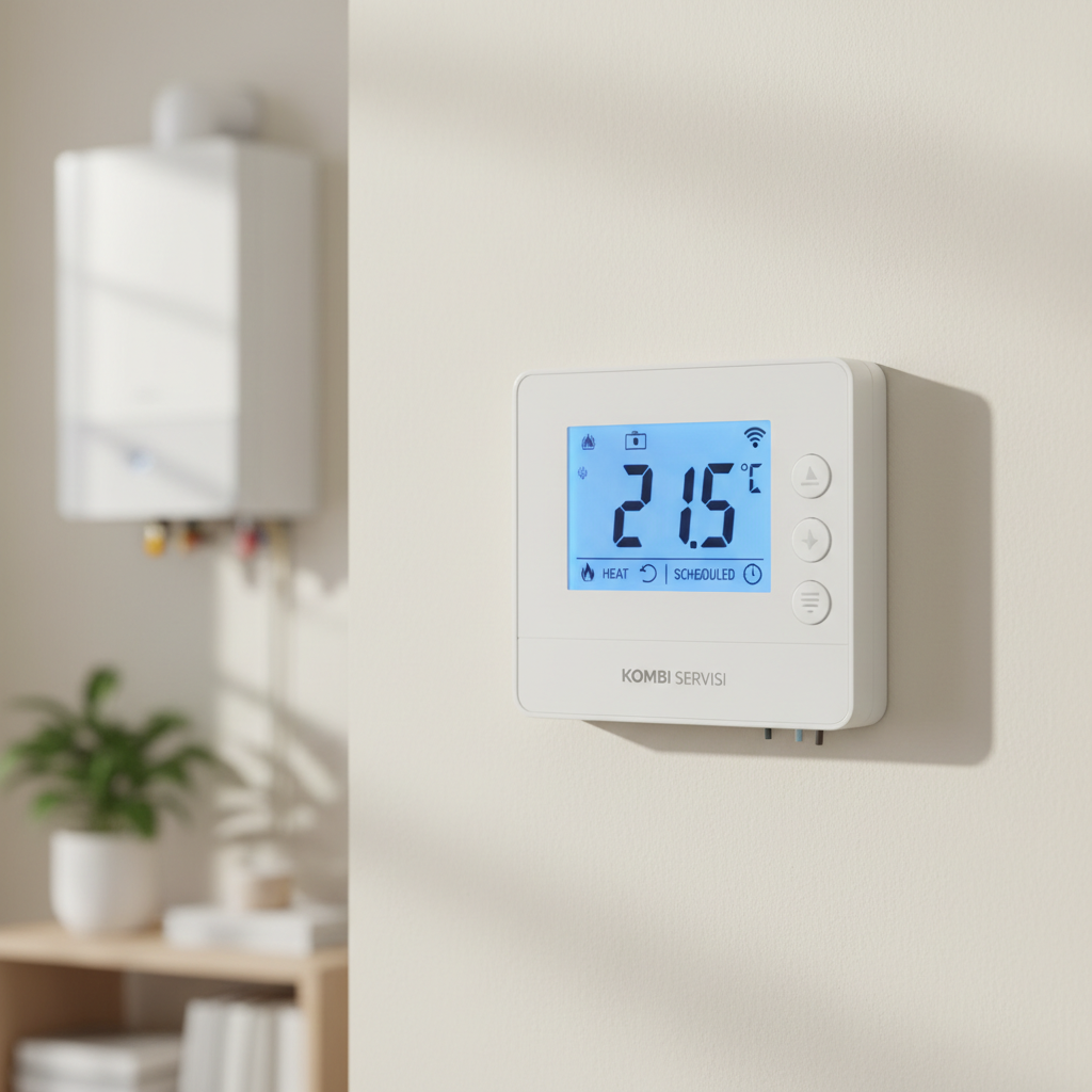 A detailed close-up of a digital room thermostat connected to a combi boiler system, featuring a bright, easy-to-read LCD screen displaying current room temperature and heating mode icons. The thermostat has a matte white plastic casing with subtle texture, mounted on a smooth, light-colored interior wall. Soft, indirect daylight enters from an unseen window, creating gentle shadows along the edges and a calm, balanced illumination. Photographic realism with a centered, eye-level composition and shallow depth of field keeps the thermostat in sharp focus while the background fades into a soft bokeh. The atmosphere is clean, modern, and reassuring, emphasizing user-friendly temperature control and comfort provided by the local kombi servisi.