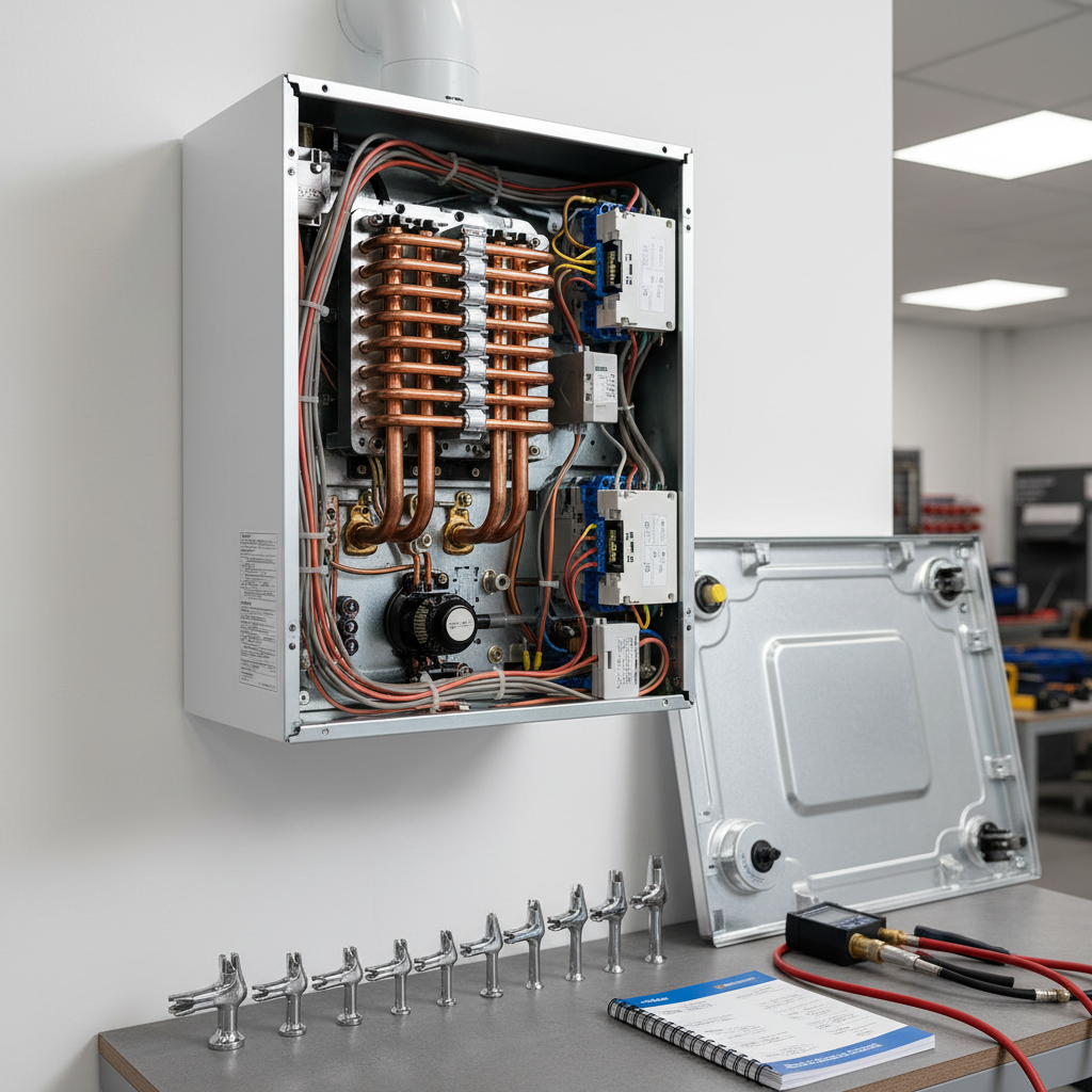 An open combi boiler with its front panel carefully removed, revealing clean, well-organized internal components: copper heat exchanger coils, neatly routed wiring, and labeled control modules, all in spotless condition. The unit is mounted on a smooth white wall above a compact gray workbench holding aligned tools, manometer, and user manual. Cool, diffused LED workshop lighting provides even illumination, eliminating harsh shadows and emphasizing mechanical details. Captured with photographic realism from a slightly angled close-up perspective, using shallow depth of field to keep the boiler crisp while softly blurring the background. The mood is highly professional and technical, highlighting expert maintenance and diagnostic work without showing any human presence.