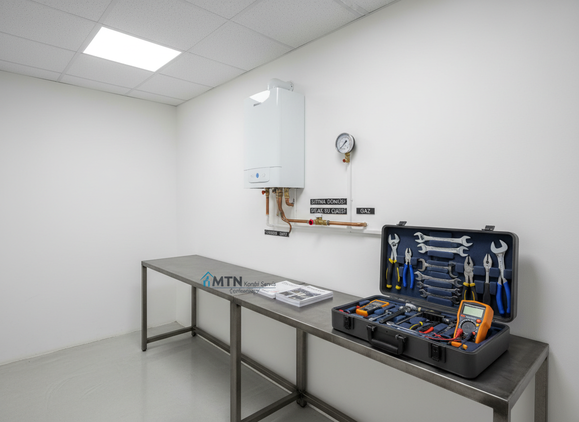 A neatly organized boiler service workspace featuring a closed combi boiler on the wall beside a mounted diagnostic pressure gauge and labeled pipework, with an open metal tool case on a sturdy dark-gray workbench below. Inside the case, specialized boiler service tools and digital testing equipment rest in custom foam cutouts. The environment is a clean, professional service room with light concrete floors and white-painted walls. Bright, neutral overhead LED lighting provides consistent, shadow-free illumination. Photographic realism from a slightly elevated wide-angle view captures the whole setup with sharp focus, conveying order, expertise, and readiness. The mood is efficient and trustworthy, ideal for illustrating the professional infrastructure behind MTN Kombi Servis Çerkezköy’s operations without any human figures.