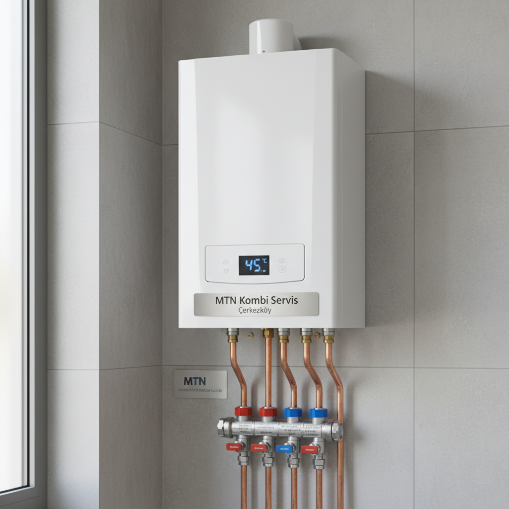 A modern, wall-mounted natural gas combi boiler in pristine white metal housing, with a clear digital temperature display glowing soft blue and neatly organized copper pipes beneath. It is installed on a clean, light-gray tiled wall in a well-lit utility corner, next to labeled shut-off valves and a tidy manifold. Neutral daylight from a nearby window mixes with cool, even studio-style lighting, creating crisp highlights on the metal surface and gentle shadows on the wall. Photographic realism at eye level, with sharp focus throughout, conveys reliability, professionalism, and technical precision, ideal for a trustworthy local MTN Kombi Servis Çerkezköy homepage hero image.